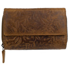Damen Geldbörse aus Echtleder mit RFID-Schutz, Braun, 14 × 10 × 4 cm, Leder Portemonnaie mit Blumenprägung