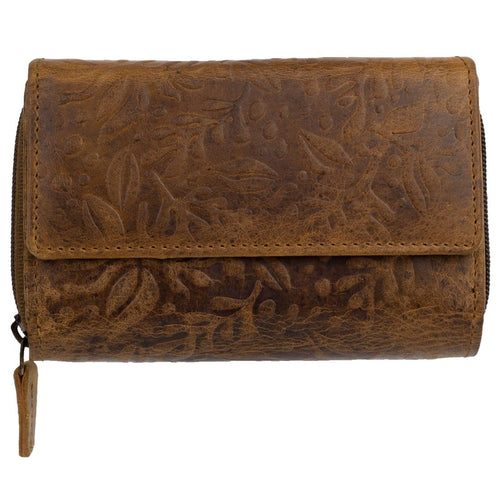 Damen Geldbörse aus Echtleder mit RFID-Schutz, Braun, 14 × 10 × 4 cm, Leder Portemonnaie mit Blumenprägung