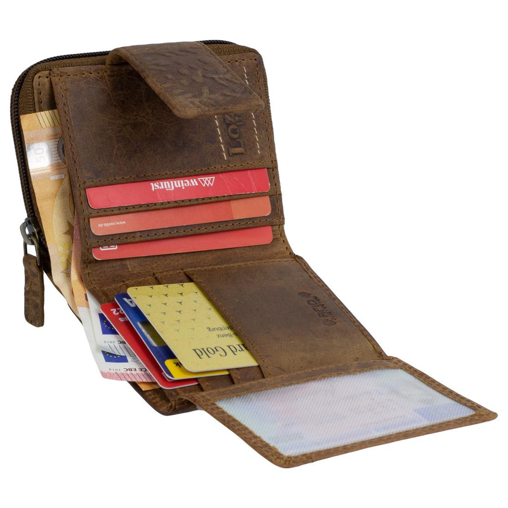 Damen Geldbörse aus Rindsleder mit RFID-Schutz, Braun, 11 × 10 × 4 cm, kleines Portemonnaie mit Blumenprägung
