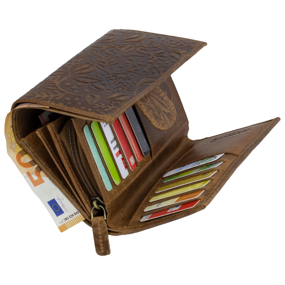 RFID Damen-Geldbörse Echtleder Braun – 12 Kartenfächer, 3 Geldscheinfächer, Vintage-Prägung, 15×10×4 cm