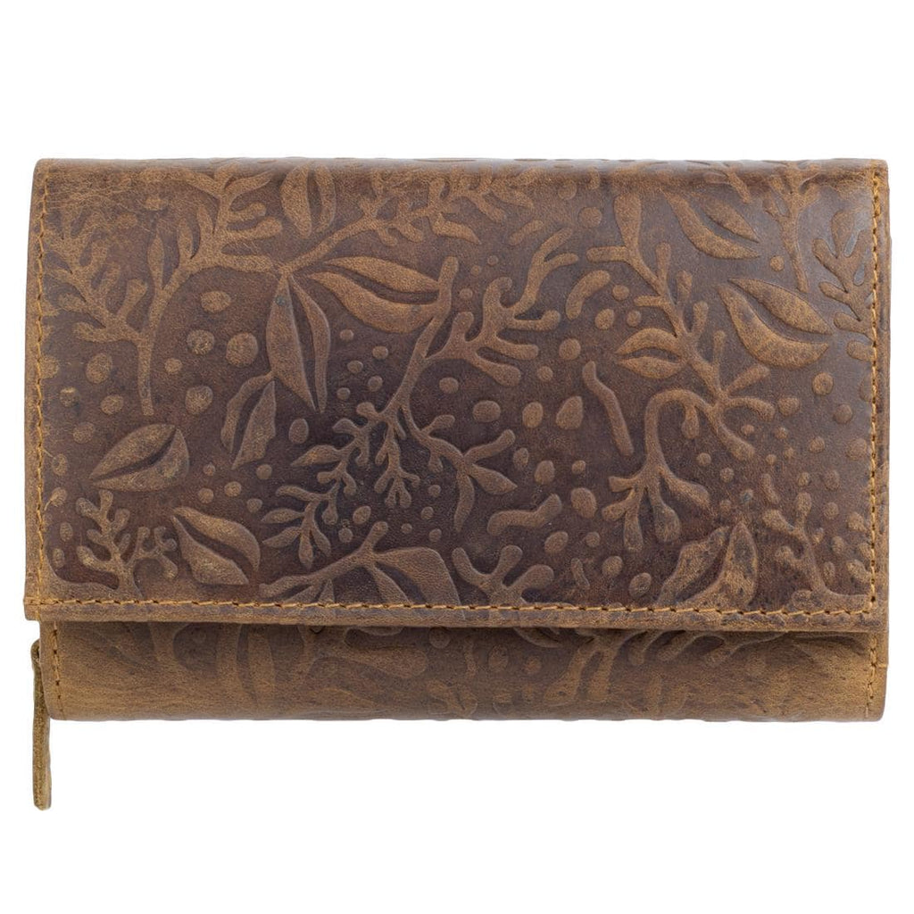 RFID Damen-Geldbörse Echtleder Braun – 12 Kartenfächer, 3 Geldscheinfächer, Vintage-Prägung, 15×10×4 cm