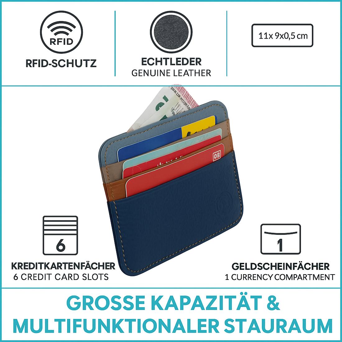 RFID Kartenetui Echtleder Blau – 6 Kartenfächer, 1 Geldscheinfach, Slim Card Holder 11×9×0,5 cm