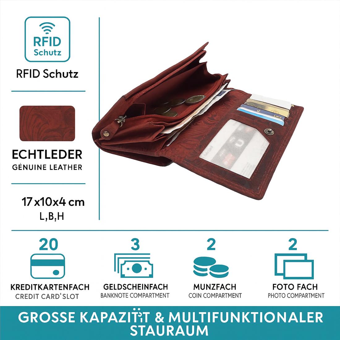 Damen Geldbörse aus Echtleder mit RFID-Schutz, Rot, Blumenprägung, 25 Kartenfächer, 17 × 10 × 3,5 cm
