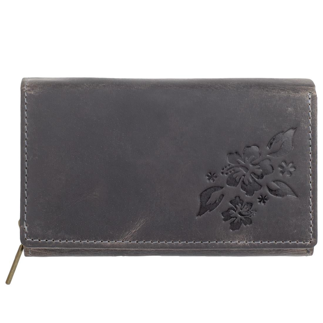 Damen Geldbörse Echtleder mit RFID-Schutz, Grau Braun, 12 Kartenfächer, großes Portemonnaie 15 × 10 × 3 cm