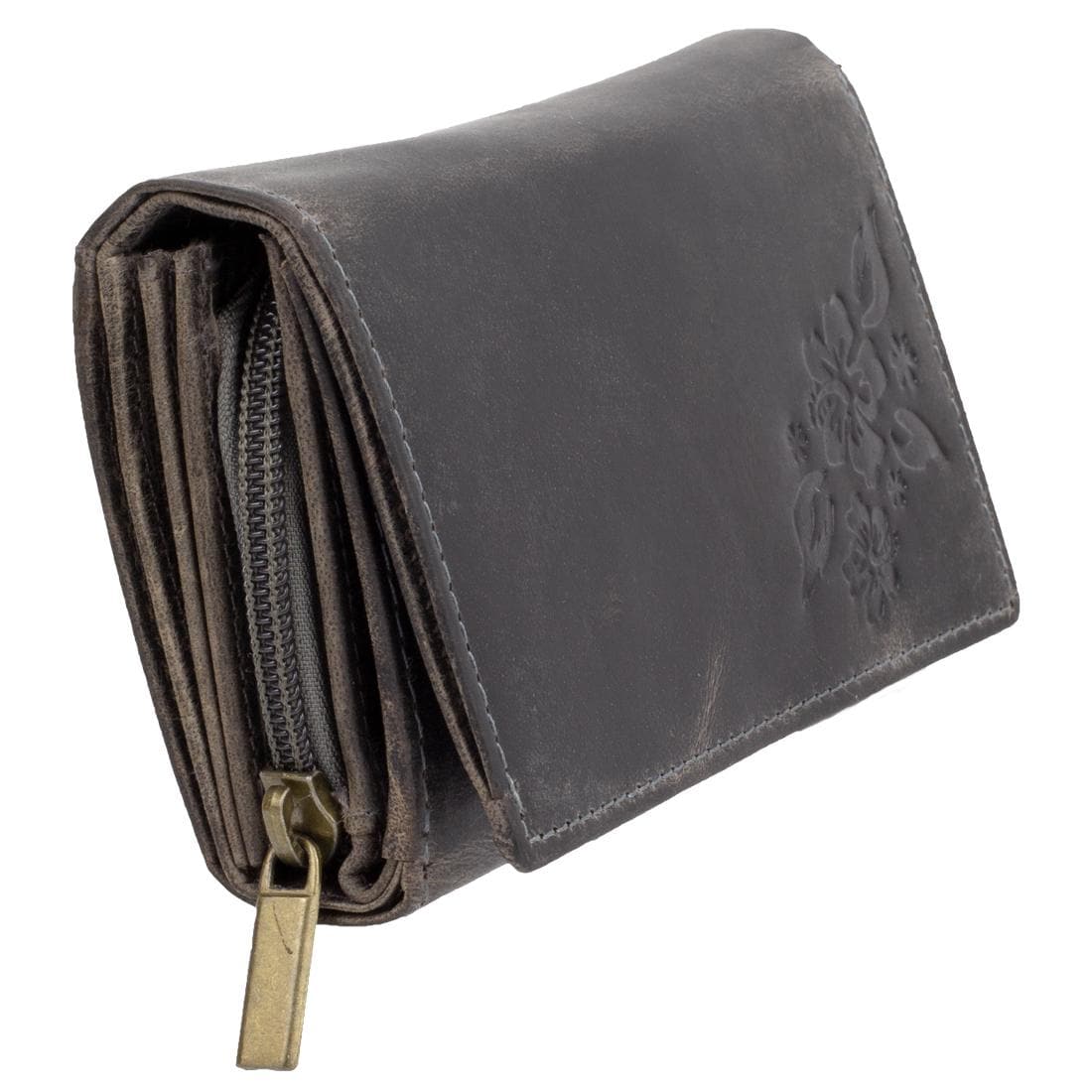 Damen Geldbörse Echtleder mit RFID-Schutz, Grau Braun, 12 Kartenfächer, großes Portemonnaie 15 × 10 × 3 cm