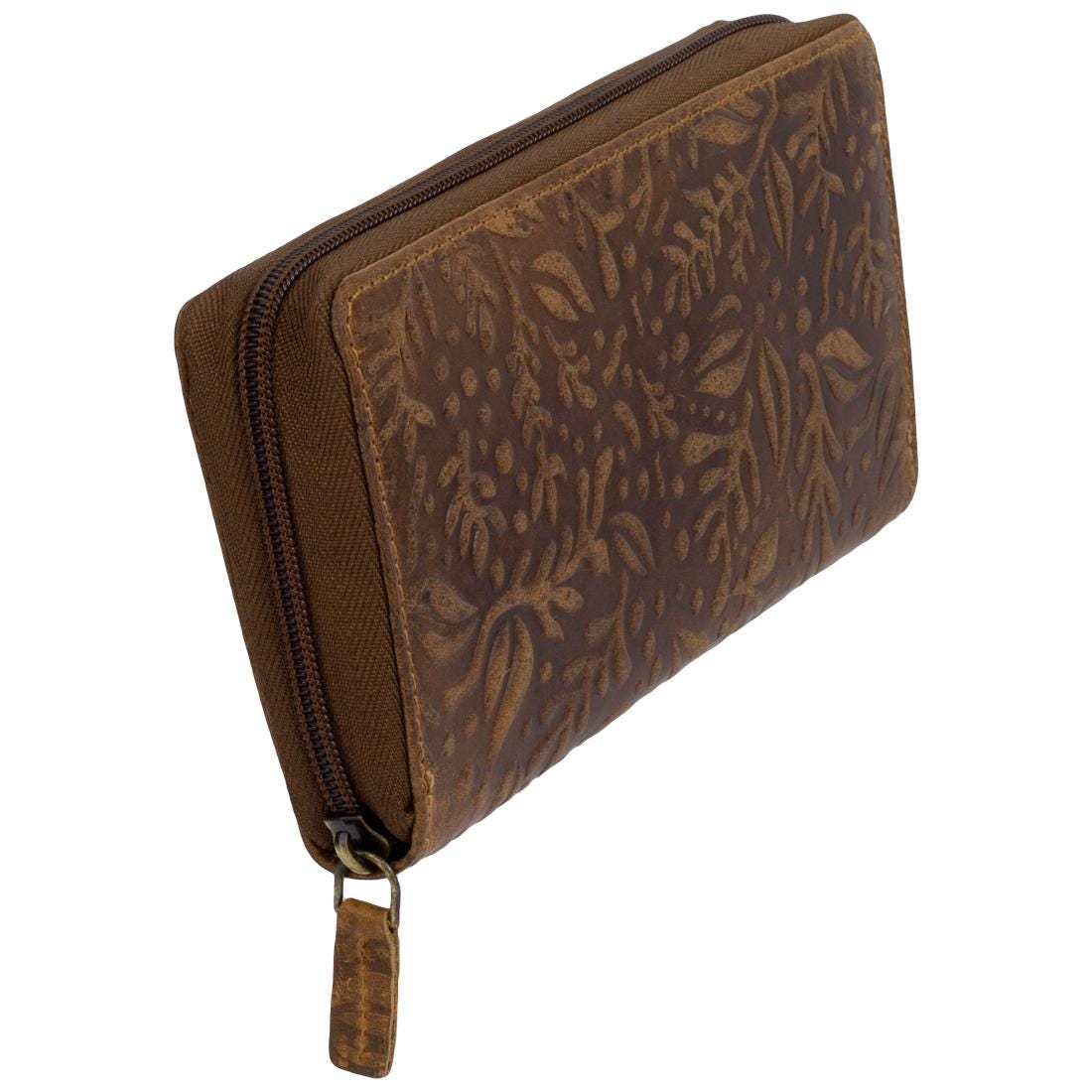 Damen Geldbörse aus Echtleder mit RFID-Schutz, Braun, 18 × 10 × 3 cm, großes Portemonnaie mit Reißverschluss