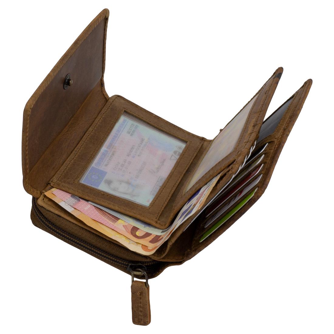 Damen Geldbörse aus Echtleder mit RFID-Schutz, Braun, 14 × 10 × 4 cm, Leder Portemonnaie mit Blumenprägung