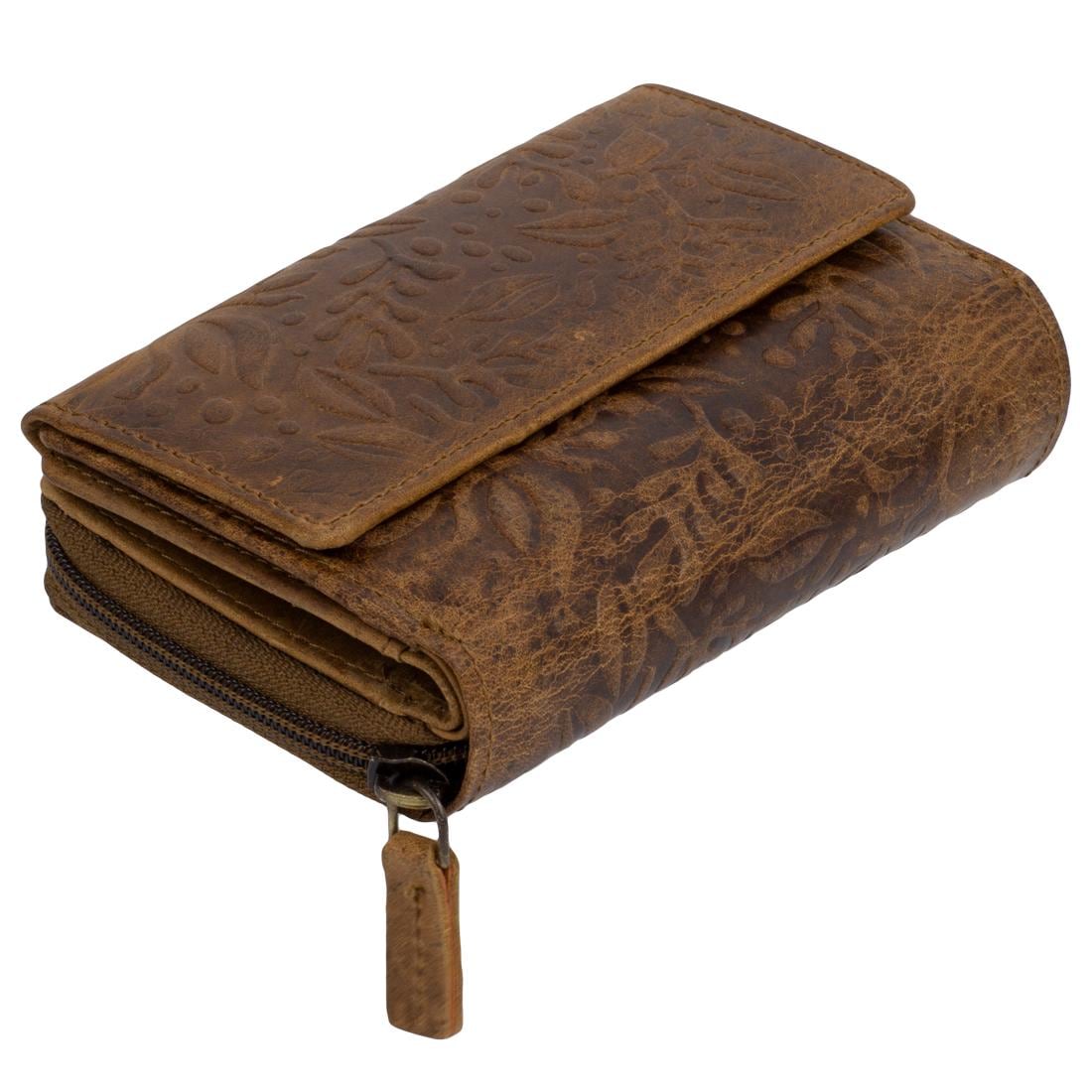 Damen Geldbörse aus Echtleder mit RFID-Schutz, Braun, 14 × 10 × 4 cm, Leder Portemonnaie mit Blumenprägung