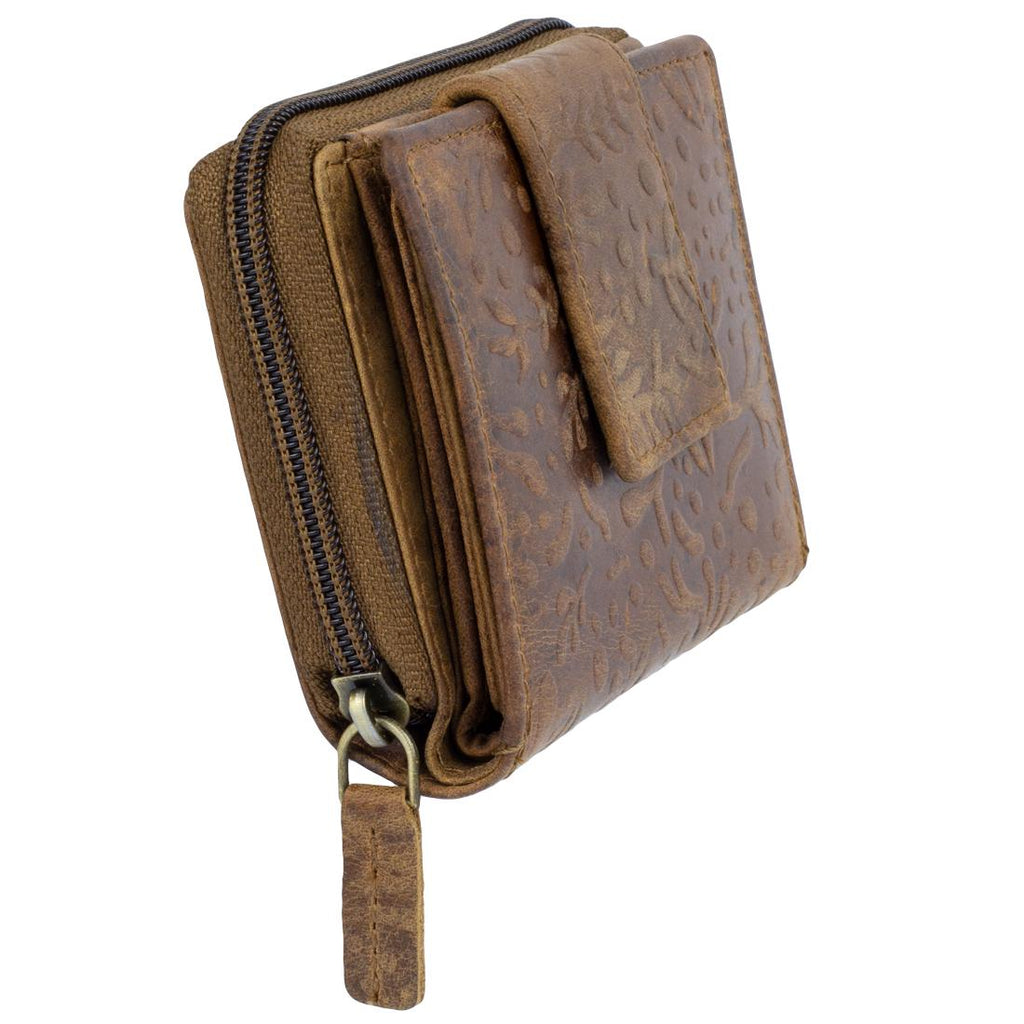 Damen Geldbörse aus Rindsleder mit RFID-Schutz, Braun, 11 × 10 × 4 cm, kleines Portemonnaie mit Blumenprägung