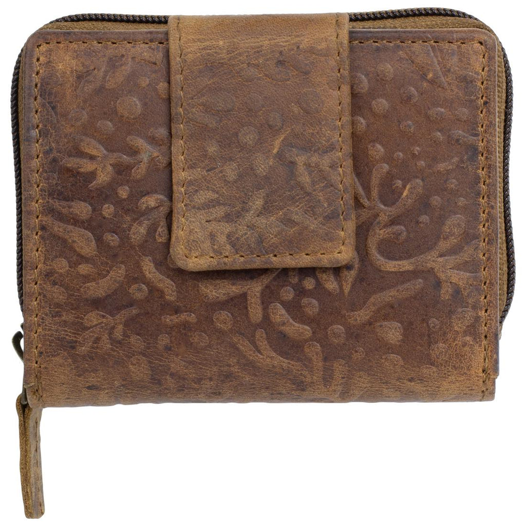 Damen Geldbörse aus Rindsleder mit RFID-Schutz, Braun, 11 × 10 × 4 cm, kleines Portemonnaie mit Blumenprägung