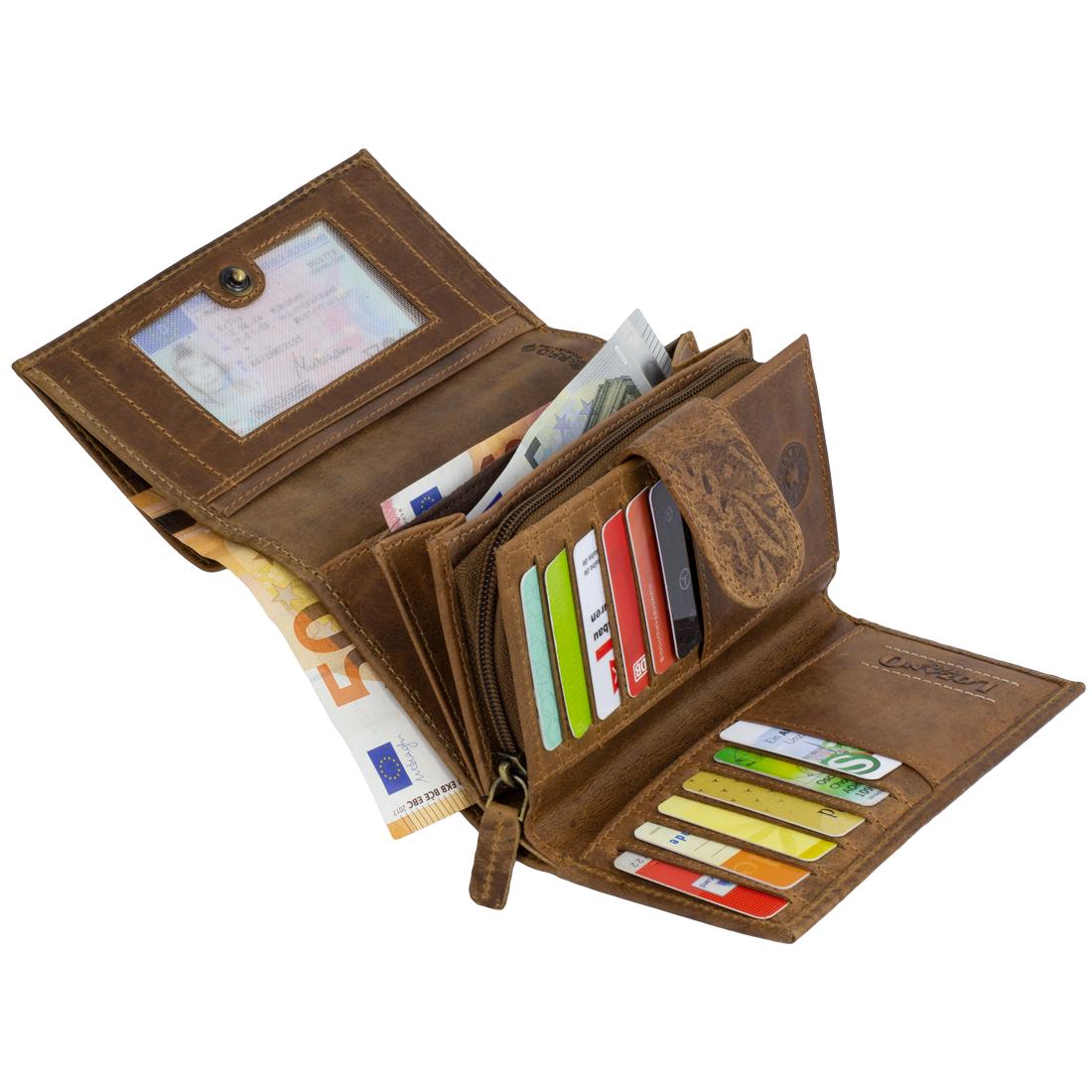 RFID Damen-Geldbörse Echtleder Braun – 12 Kartenfächer, 3 Geldscheinfächer, Vintage-Prägung, 15×10×4 cm