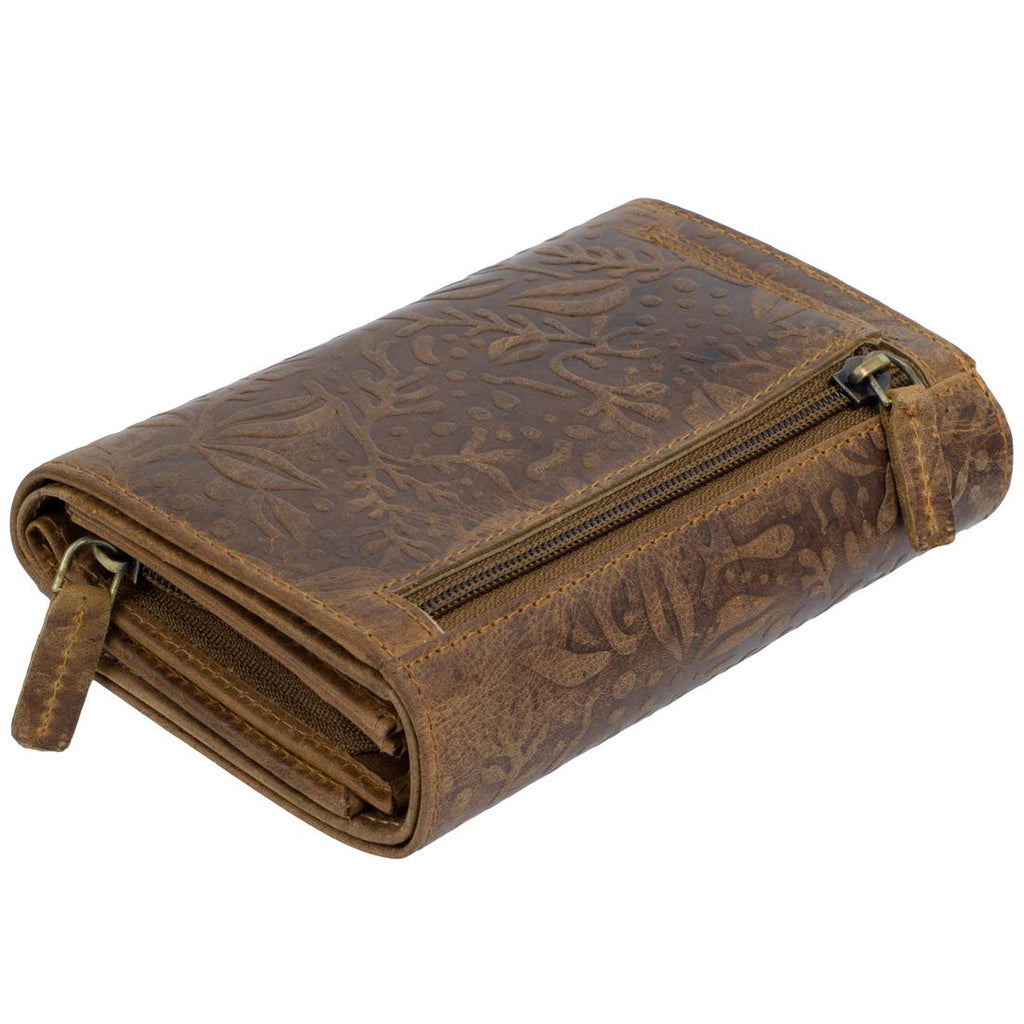 RFID Damen-Geldbörse Echtleder Braun – 12 Kartenfächer, 3 Geldscheinfächer, Vintage-Prägung, 15×10×4 cm