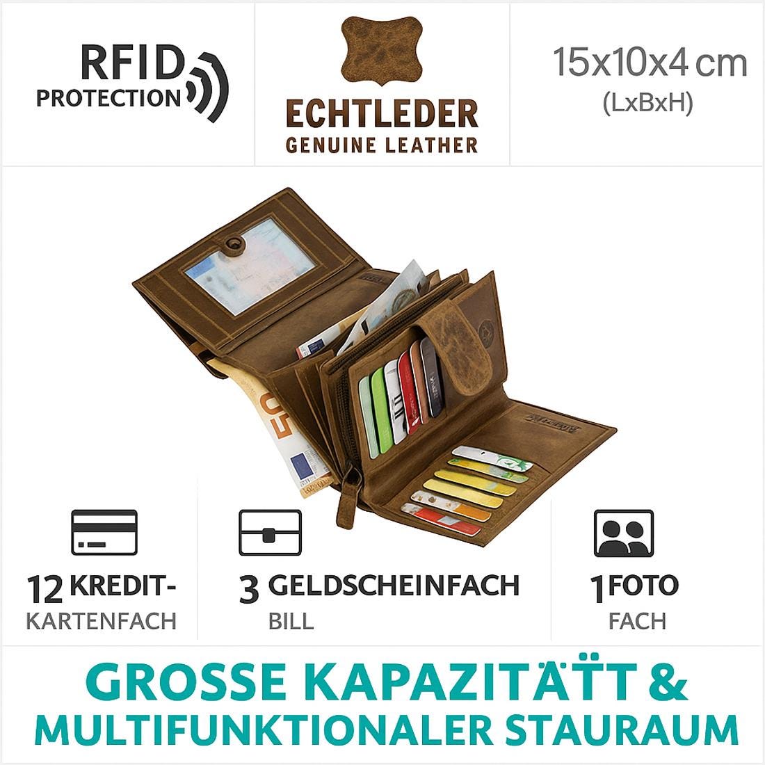 RFID Damen-Geldbörse Echtleder Braun – 12 Kartenfächer, 3 Geldscheinfächer, Vintage-Prägung, 15×10×4 cm