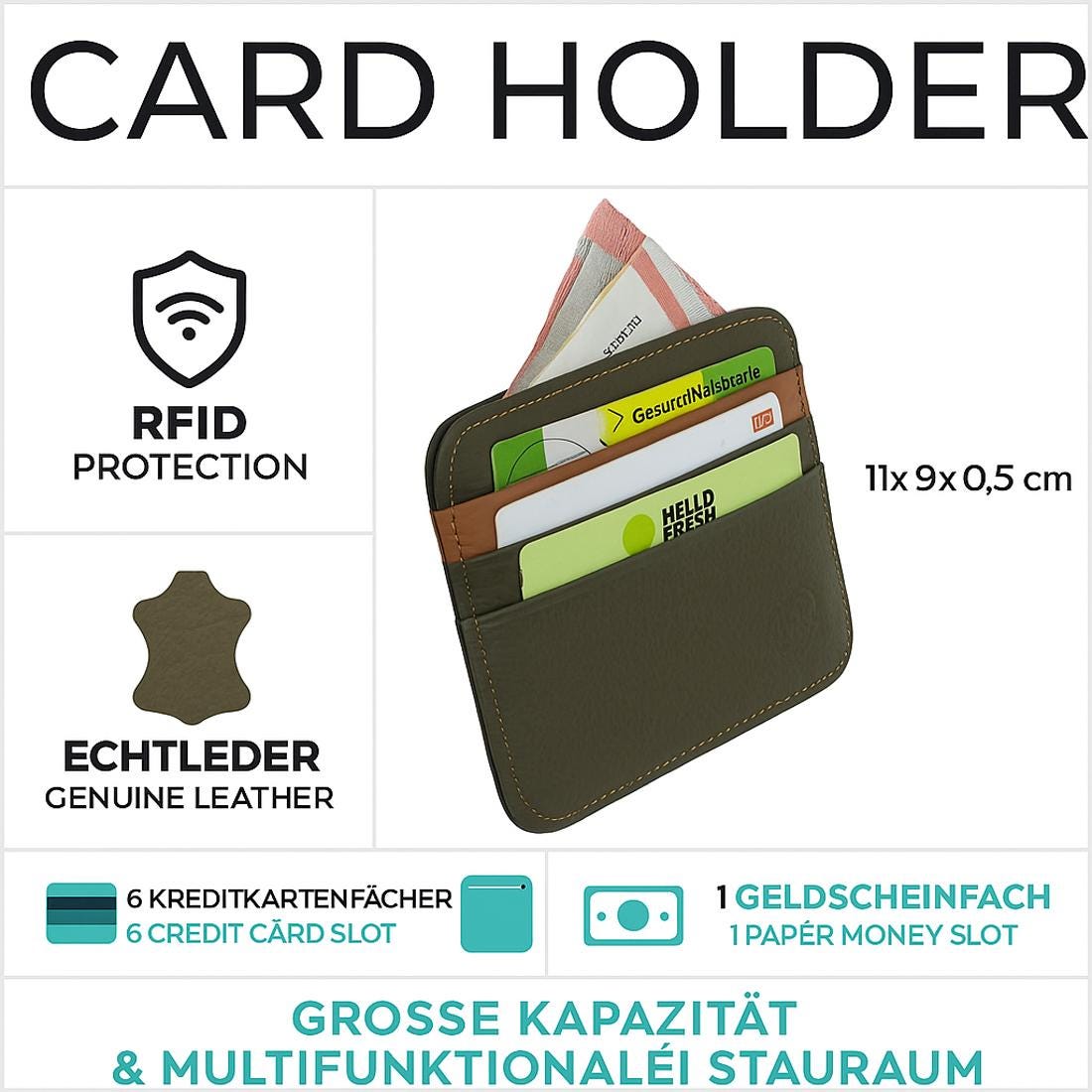 RFID Kartenetui Echtleder Olivgrün – 6 Kartenfächer, 1 Geldscheinfach, Slim Card Holder 11×9×0,5 cm