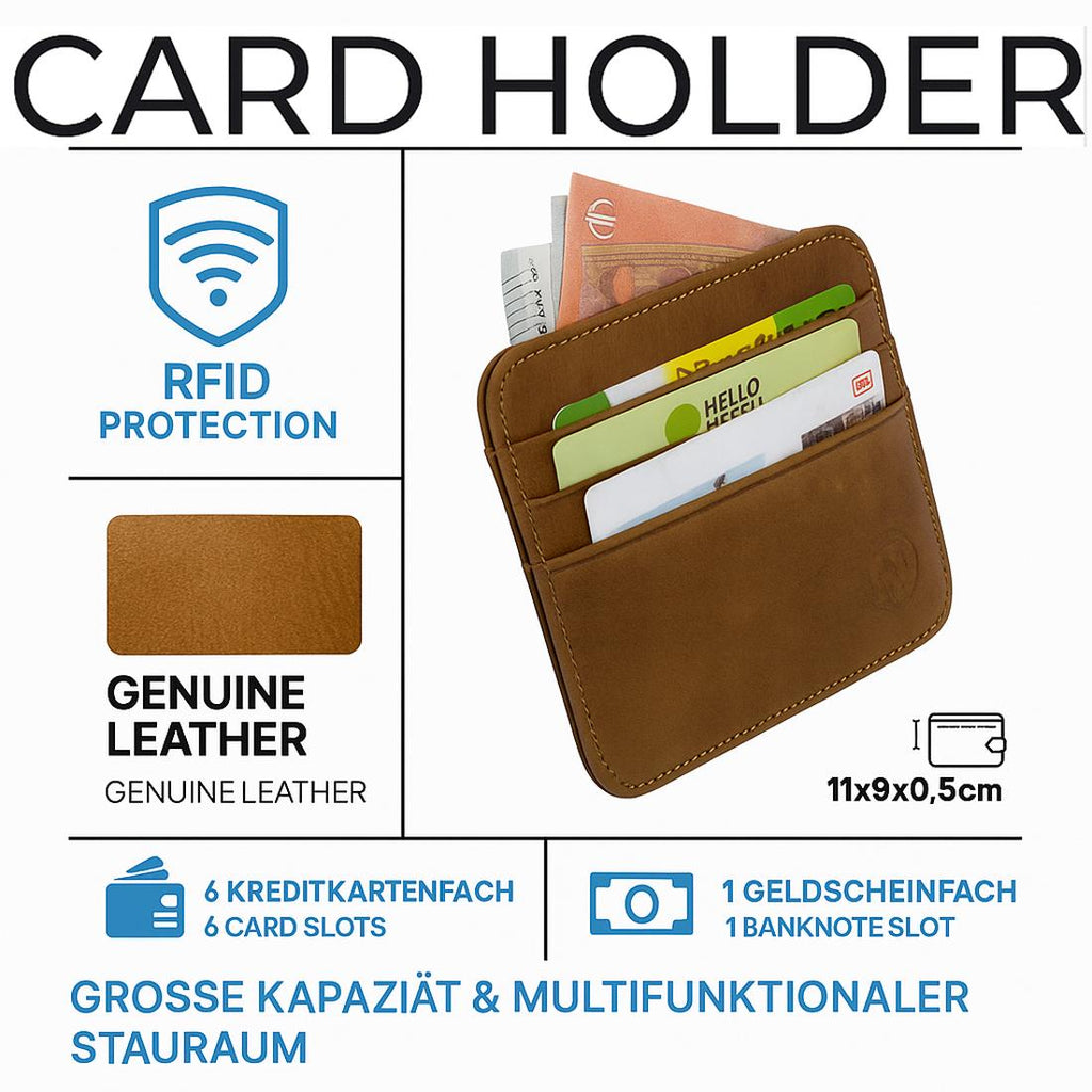 RFID Kartenetui Echtleder Braun – 6 Kartenfächer, 1 Geldscheinfach, Slim Card Holder 11×9×0,5 cm
