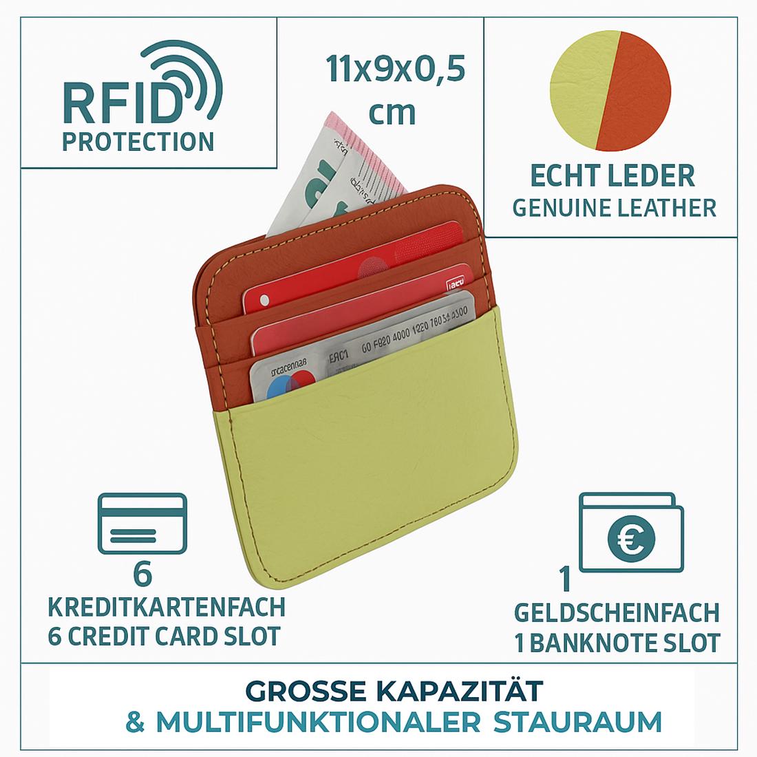 RFID Kartenetui Echtleder Rot-Grün, 6 Kartenfächer, 1 Geldscheinfach, Slim Card Holder 11×9×0,5 cm