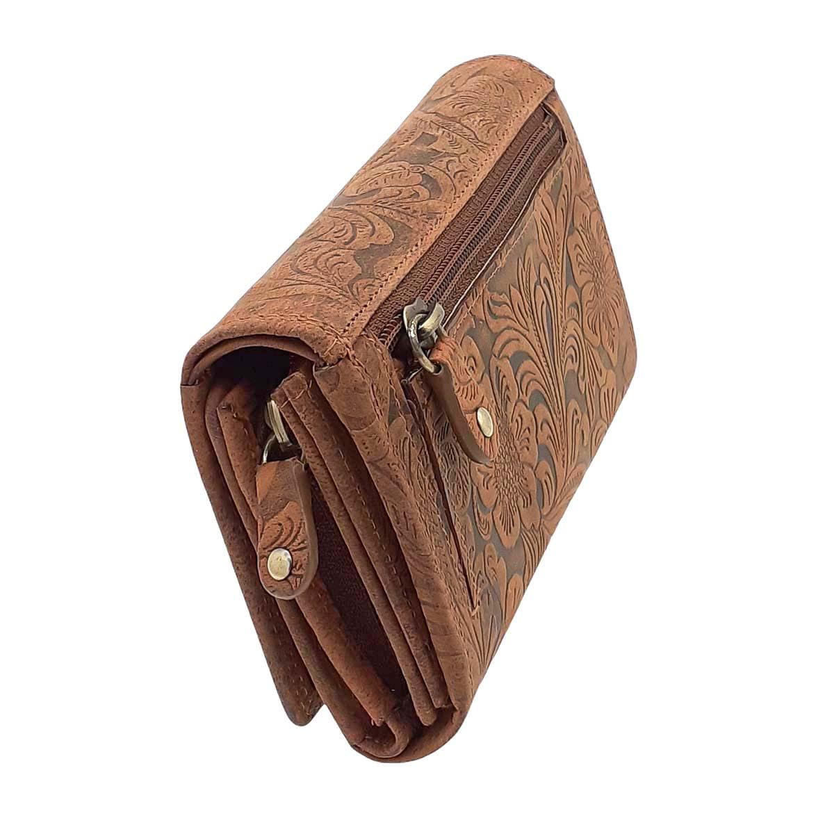 Damen Geldbörse aus Echtleder mit RFID-Schutz, Braun, 15 × 10 × 4,5 cm, 12 Kartenfächer, florale Prägung