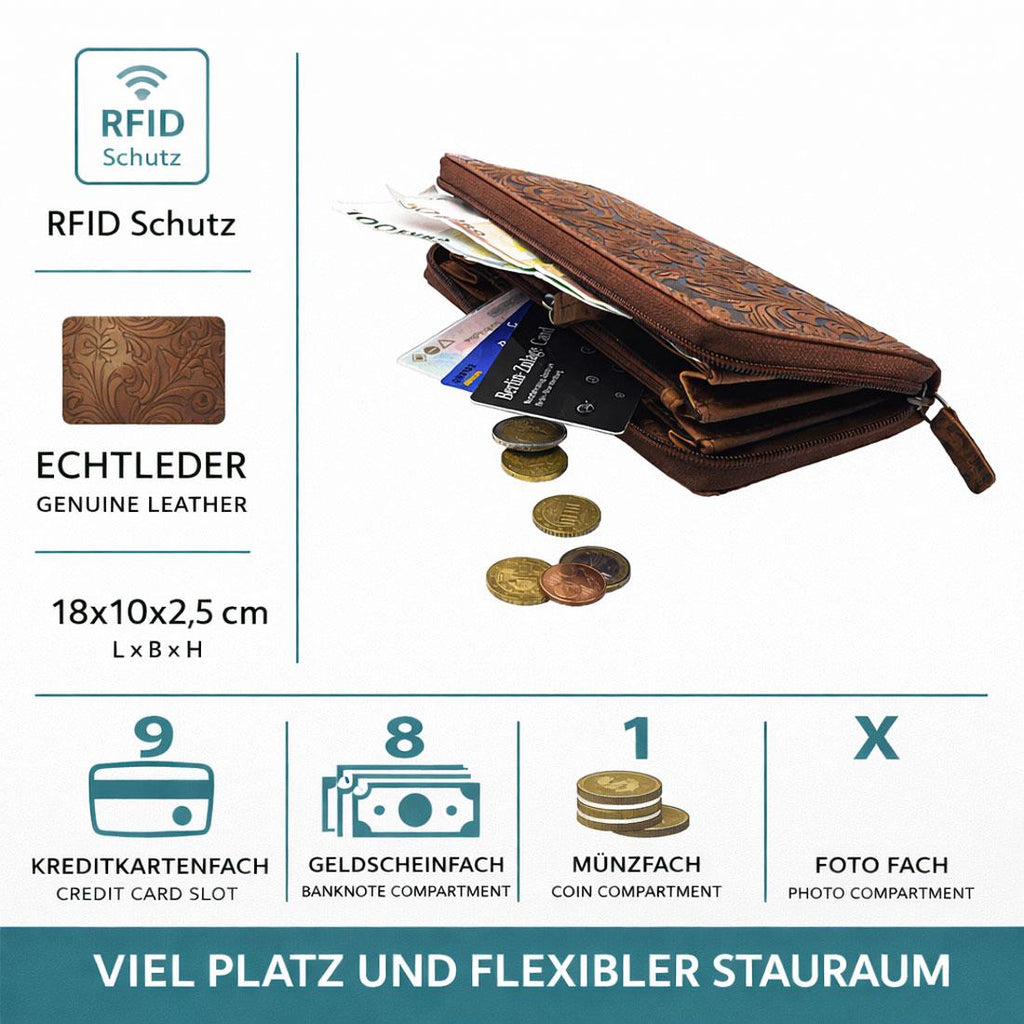 Damen Geldbörse aus Echtleder mit RFID-Schutz, Braun, 18 × 10 × 2,5 cm, florale Prägung, Reißverschluss