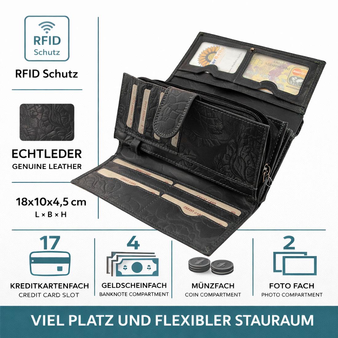 Damen Geldbörse aus Echtleder mit RFID-Schutz, Schwarz, 18 × 10 × 4,5 cm, 17 Kartenfächer und Rosenprägung