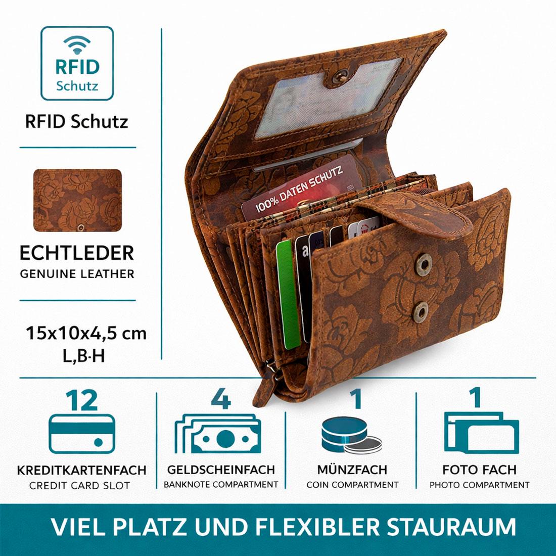 Damen Geldbörse aus Echtleder mit RFID-Schutz, Braun, 15 × 10 × 4,5 cm, Rosenprägung, 12 Kartenfächer