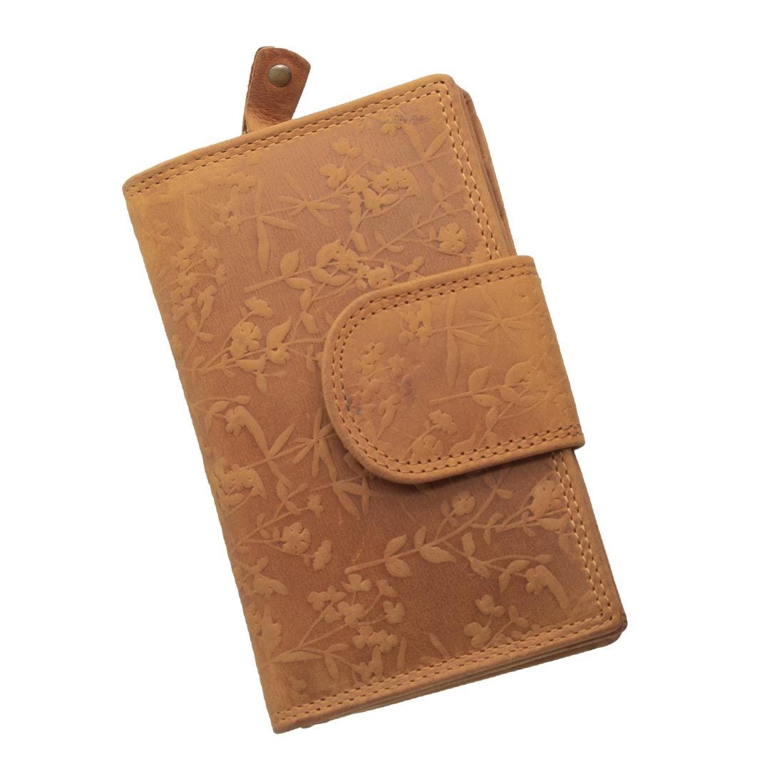 Damen Geldbörse aus Echtleder mit RFID-Schutz, Cognac, 15 × 10 × 3,5 cm, floral geprägt, 16 Kartenfächer