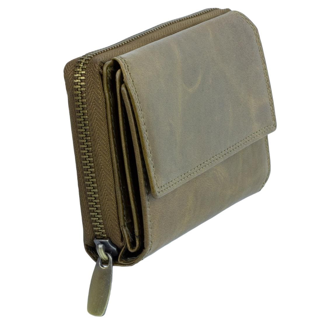 Damen Portemonnaie Geldbörse Brieftasche aus Leder mit RFID-Schutz, 12 Kartenfächer, olivgrün, 14x10x3 cm