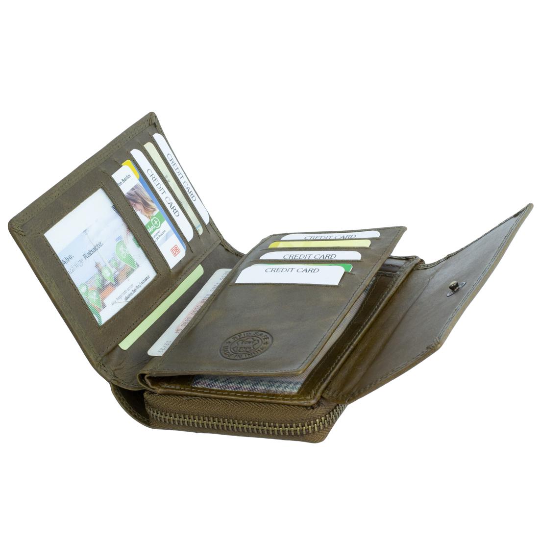 Damen Portemonnaie Geldbörse Brieftasche aus Leder mit RFID-Schutz, 12 Kartenfächer, olivgrün, 14x10x3 cm