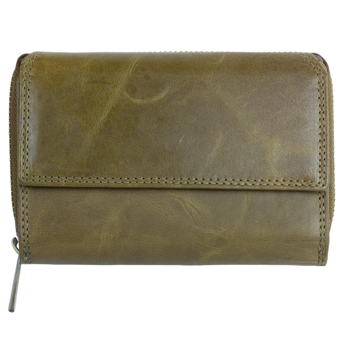Damen Portemonnaie Geldbörse Brieftasche aus Leder mit RFID-Schutz, 12 Kartenfächer, olivgrün, 14x10x3 cm