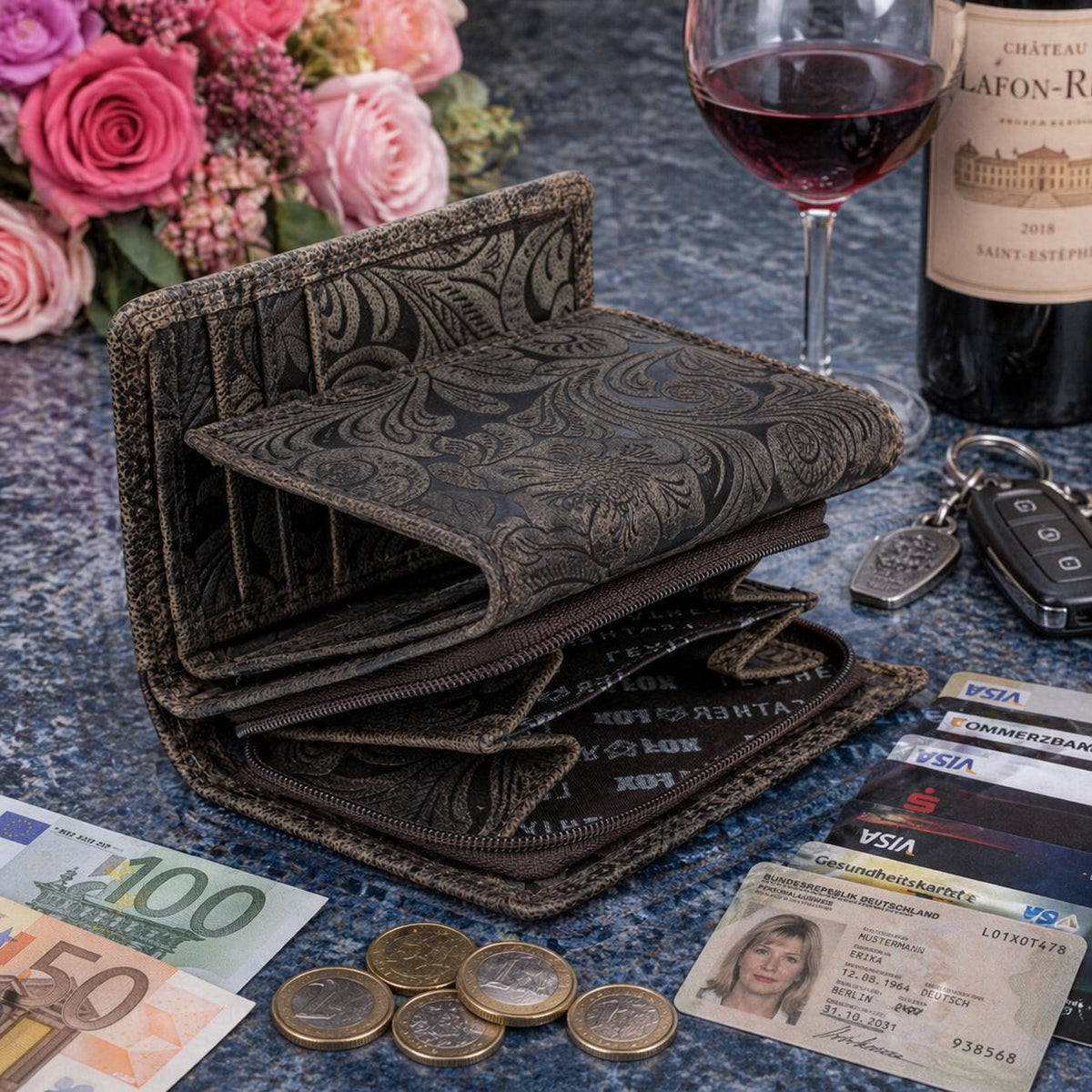 Damen Portemonnaie Geldbörse Geldbeutel aus Nappaleder mit RFID-Schutz, dunkelbraun, 12x8x2,5 cm, 9