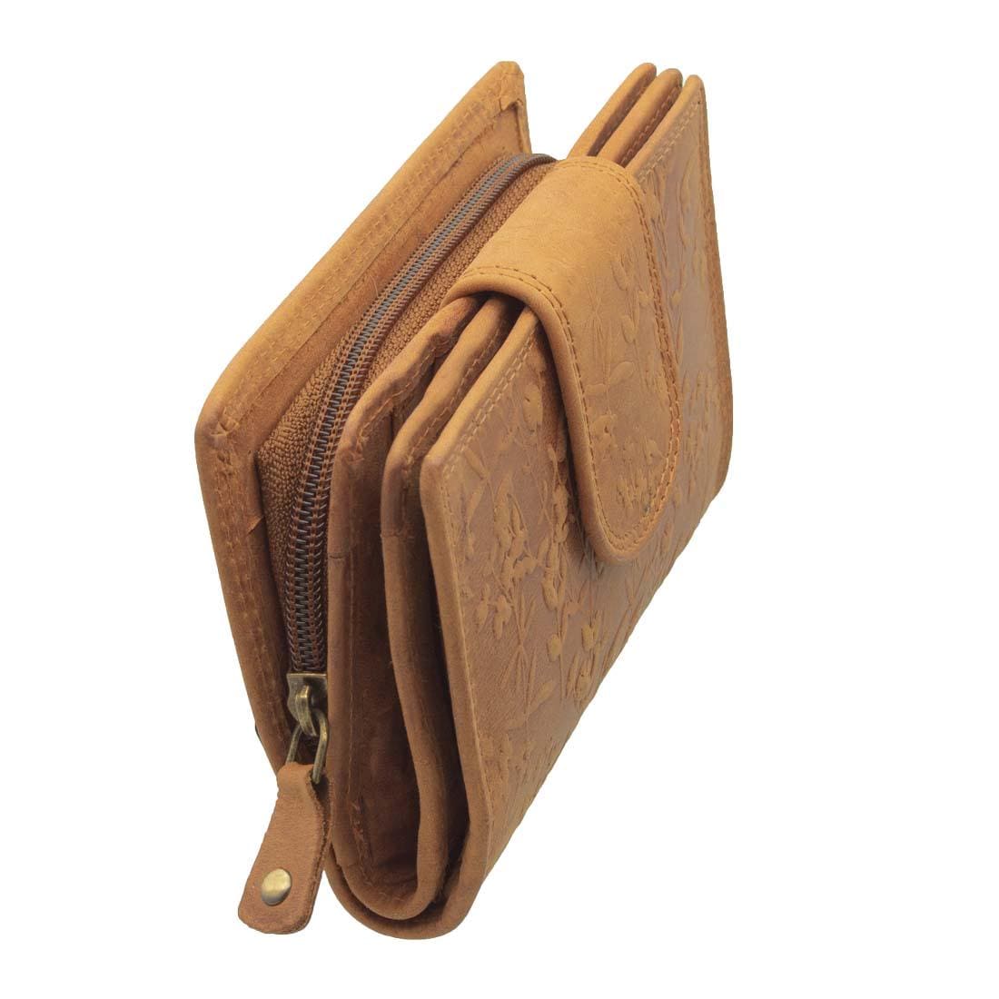Damen Geldbörse aus Echtleder mit RFID-Schutz, Cognac, 15 × 10 × 3,5 cm, floral geprägt, 16 Kartenfächer