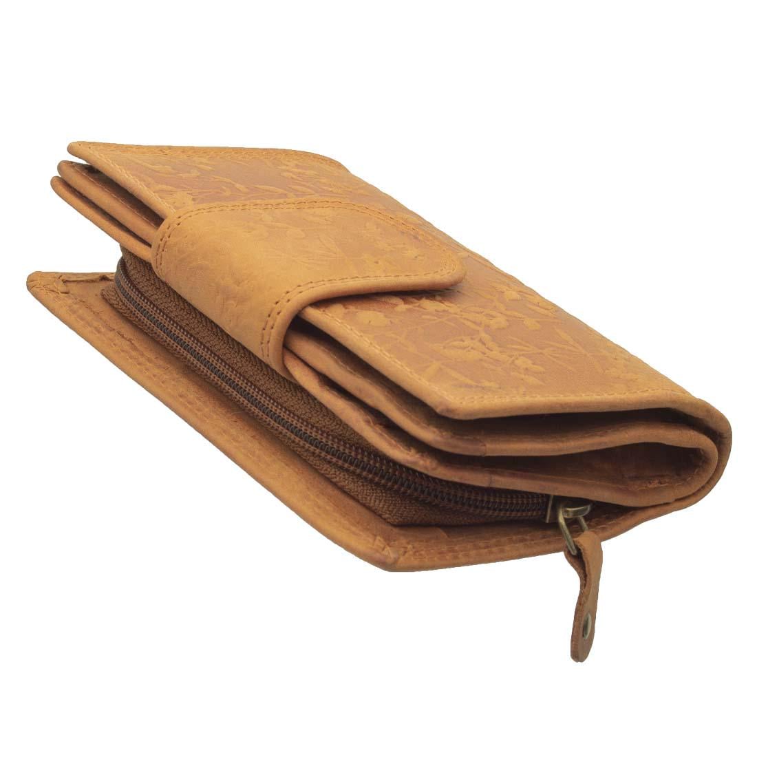 Damen Geldbörse aus Echtleder mit RFID-Schutz, Cognac, 15 × 10 × 3,5 cm, floral geprägt, 16 Kartenfächer
