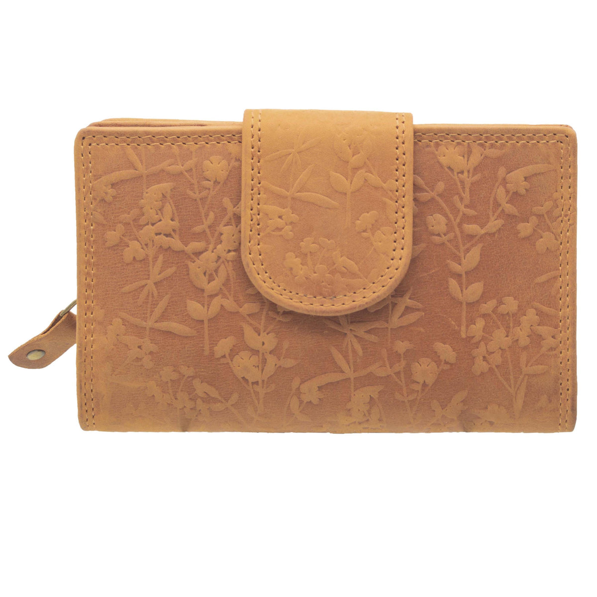 Damen Geldbörse aus Echtleder mit RFID-Schutz, Cognac, 15 × 10 × 3,5 cm, floral geprägt, 16 Kartenfächer
