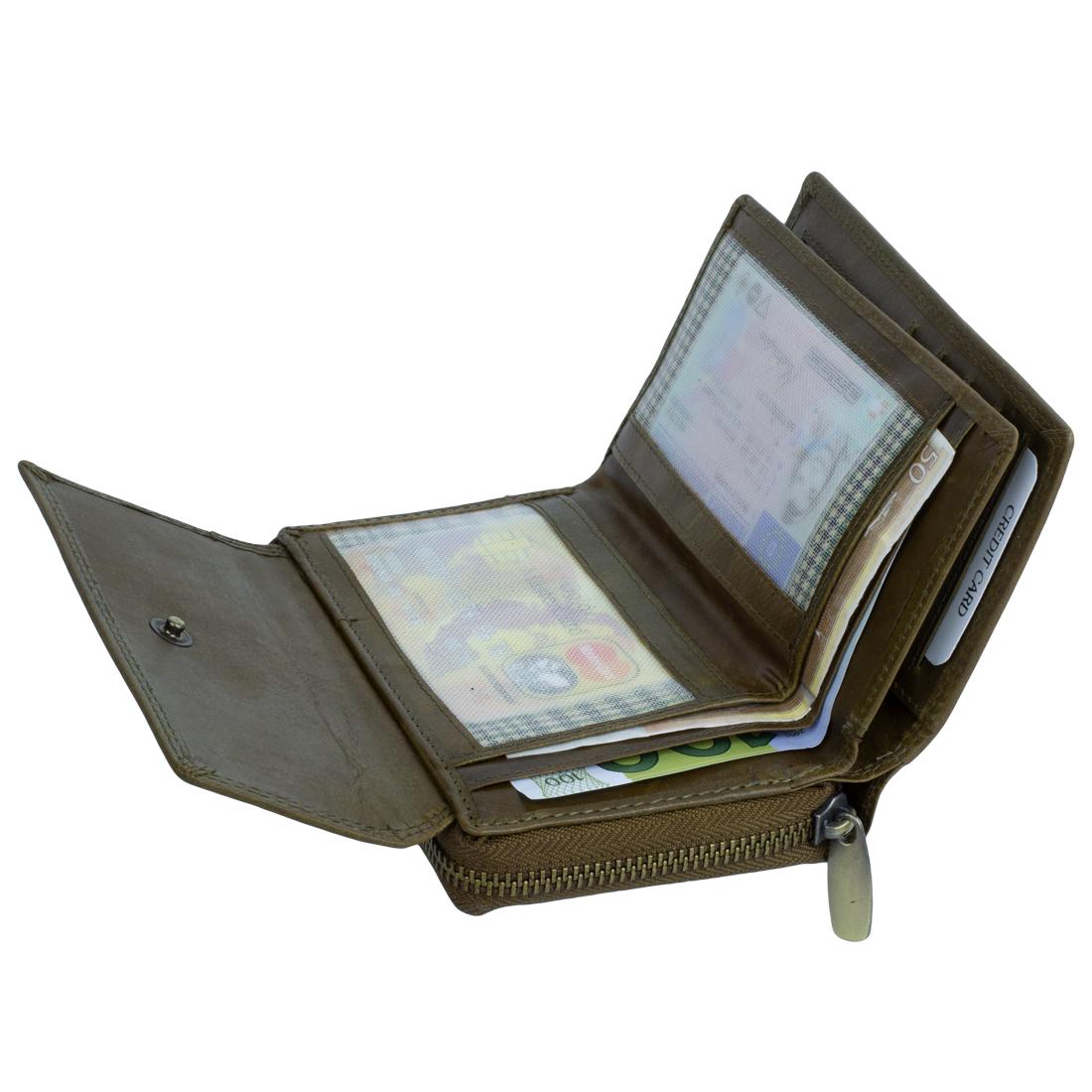 Damen Portemonnaie Geldbörse Brieftasche aus Leder mit RFID-Schutz, 12 Kartenfächer, olivgrün, 14x10x3 cm
