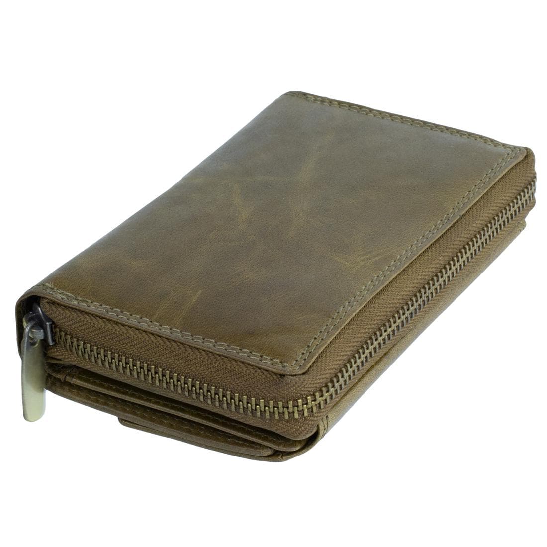 Damen Portemonnaie Geldbörse Brieftasche aus Leder mit RFID-Schutz, 12 Kartenfächer, olivgrün, 14x10x3 cm