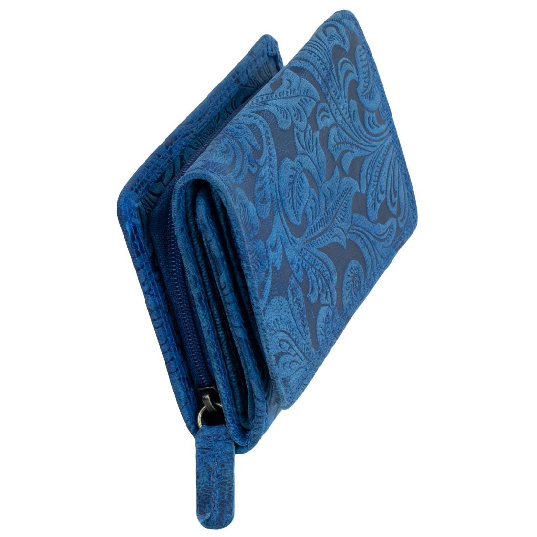 Damen Portemonnaie Geldbörse Geldbeutel aus Nappaleder mit RFID-Schutz, Blau, 12x8x2,5 cm, 9 Kartenfächer