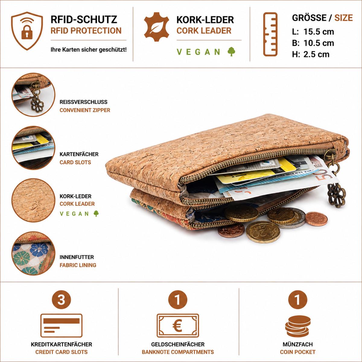 Damen Kork Portemonnaie RFID – vegane Geldbörse mit Doppelreißverschluss, 3 Kartenfächern und Münzfach, 15,5