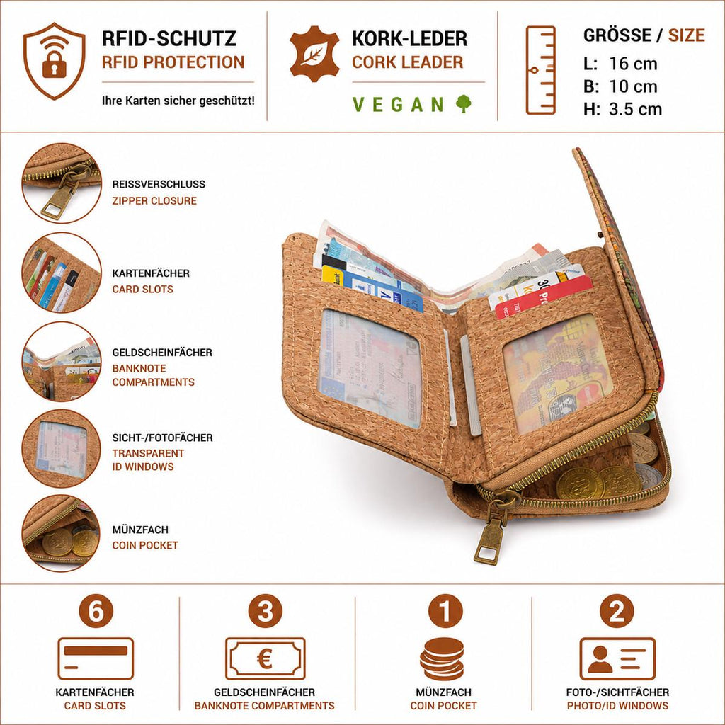 Damen Kork Portemonnaie RFID – vegane Geldbörse mit 6 Kartenfächern, 3 Geldscheinfächern und 2 Sichtfächern