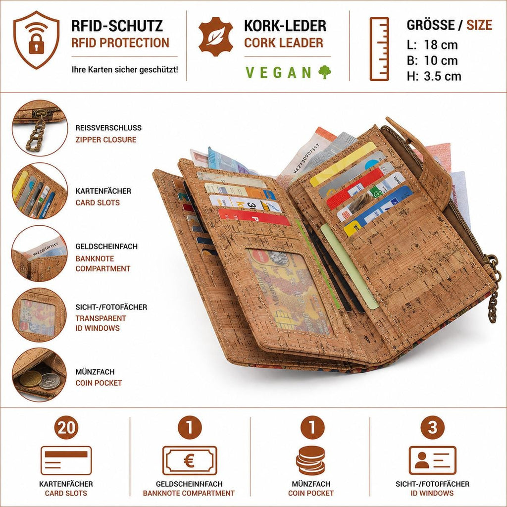 Damen Kork Portemonnaie RFID – vegane große Geldbörse mit 20 Kartenfächern, Münzfach und 3 Sichtfächern, 18 ×