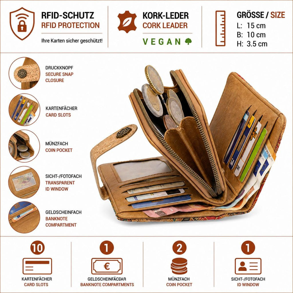 Damen Kork Portemonnaie RFID – vegane Geldbörse mit 10 Kartenfächern, 2 Münzfächern und Sichtfach, 15 × 10 cm