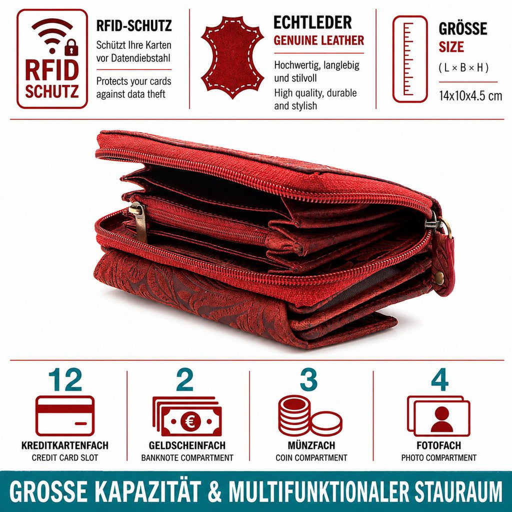 Damen Geldbörse aus Echtleder mit RFID-Schutz, Rot, 14 × 10 × 4,5 cm, 12 Kartenfächer, florale Prägung