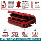 Damen Geldbörse aus Echtleder mit RFID-Schutz, Rot, 14 × 10 × 4,5 cm, 12 Kartenfächer, florale Prägung