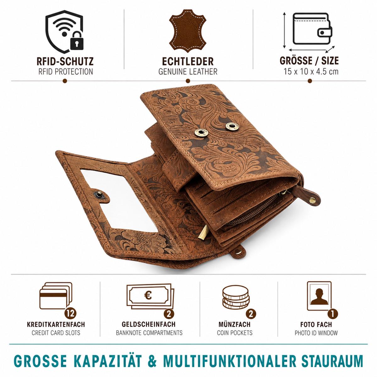 Damen Geldbörse aus Echtleder mit RFID-Schutz, Braun, 15 × 10 × 4,5 cm, 12 Kartenfächer, florale Prägung