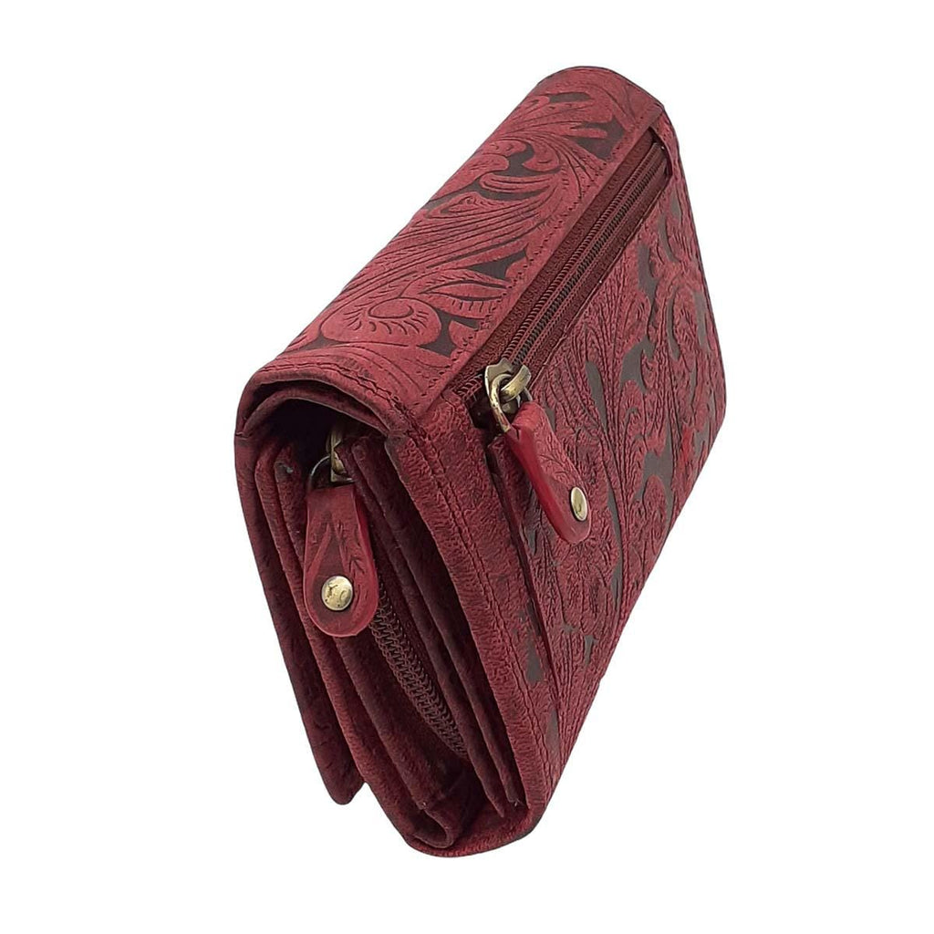 Damen Geldbörse aus Echtleder mit RFID-Schutz, Rot, 15 × 10 × 4,5 cm, 12 Kartenfächer, florale Prägung