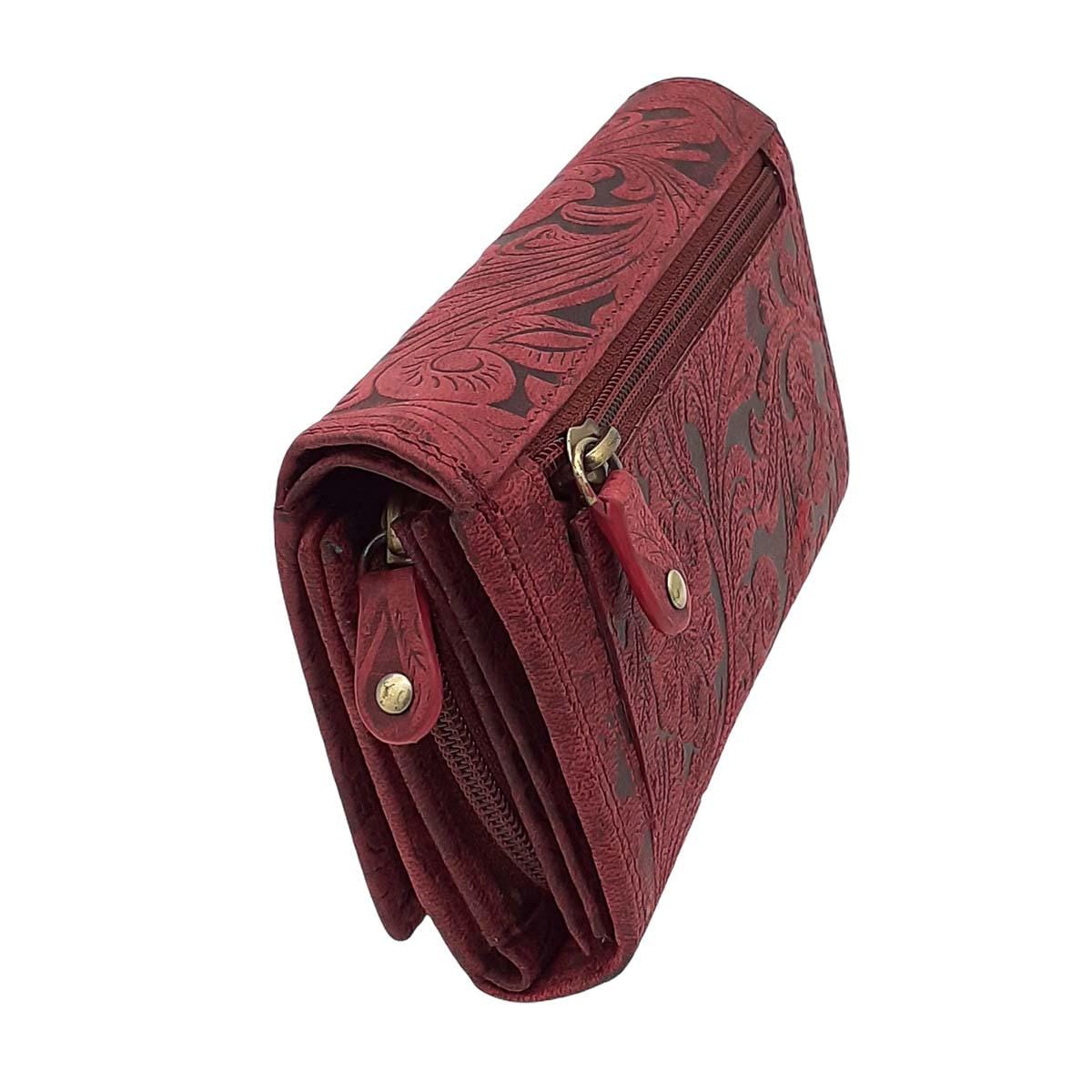 Damen Geldbörse aus Echtleder mit RFID-Schutz, Rot, 15 × 10 × 4,5 cm, 12 Kartenfächer, florale Prägung