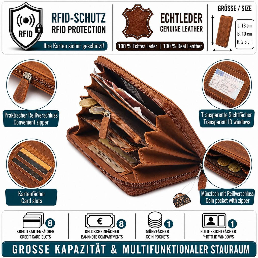 Damen Geldbörse aus Echtleder mit RFID-Schutz, Braun, florale Prägung, großes Portemonnaie mit Reißverschluss