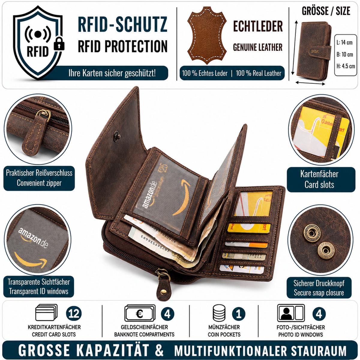 Damen Geldbörse aus Echtleder mit RFID-Schutz, Braun, 14 × 10 × 4,5 cm, florale Prägung, viele Fächer
