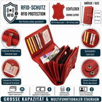Damen Geldbörse aus Echtleder mit RFID-Schutz, Rot, 17 × 10 × 4 cm, Rosenprägung, viele Fächer