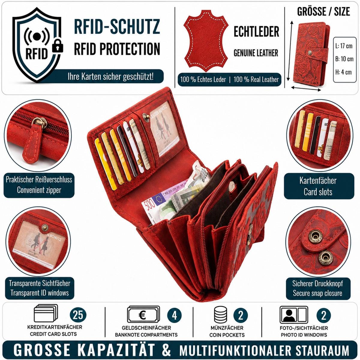 Damen Geldbörse aus Echtleder mit RFID-Schutz, Rot, 17 × 10 × 4 cm, Rosenprägung, viele Fächer