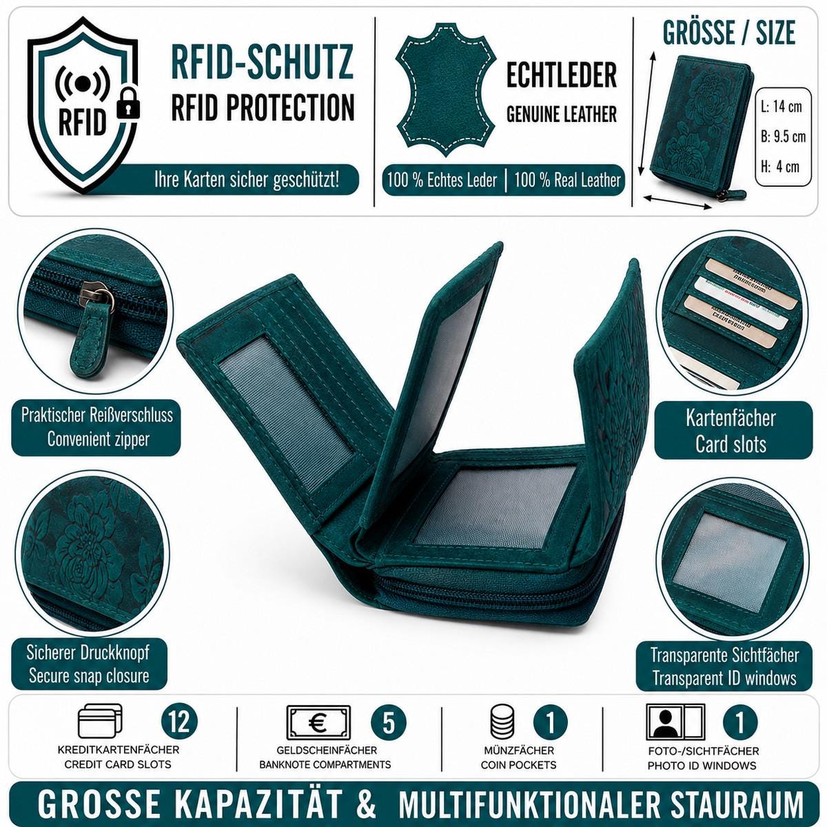 Damen Geldbörse Echtleder mit RFID-Schutz – Petrol/Türkis, Blumenprägung, 14 × 9,5 × 4 cm, viele Fächer