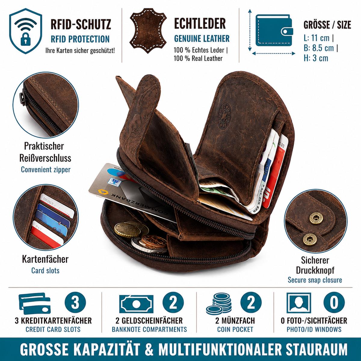 Damen Geldbörse aus Echtleder mit RFID-Schutz, Braun, 11 × 8,5 × 3 cm, Rosenprägung, Reißverschluss